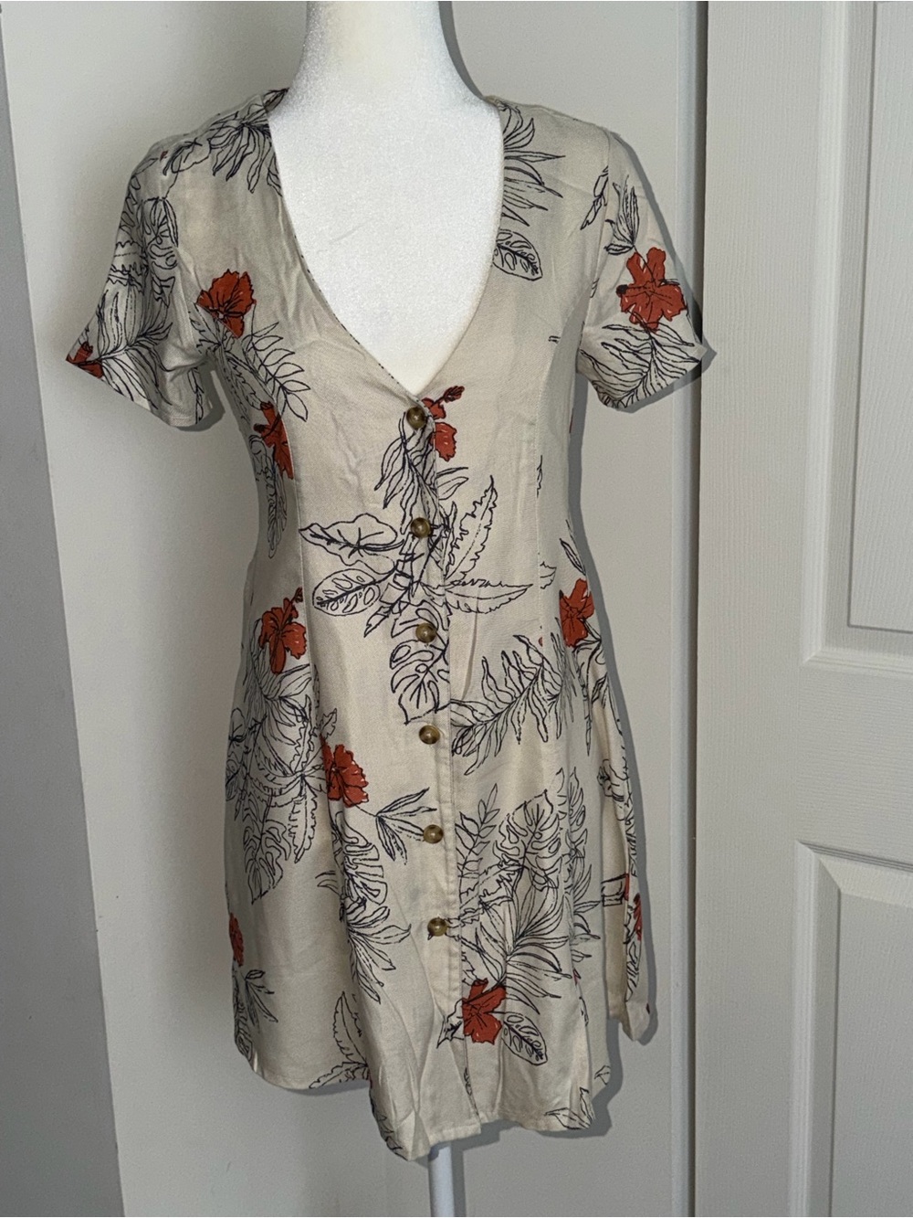 RVCA Cream V-Neck Button-Front Dress with Orange Floral Print